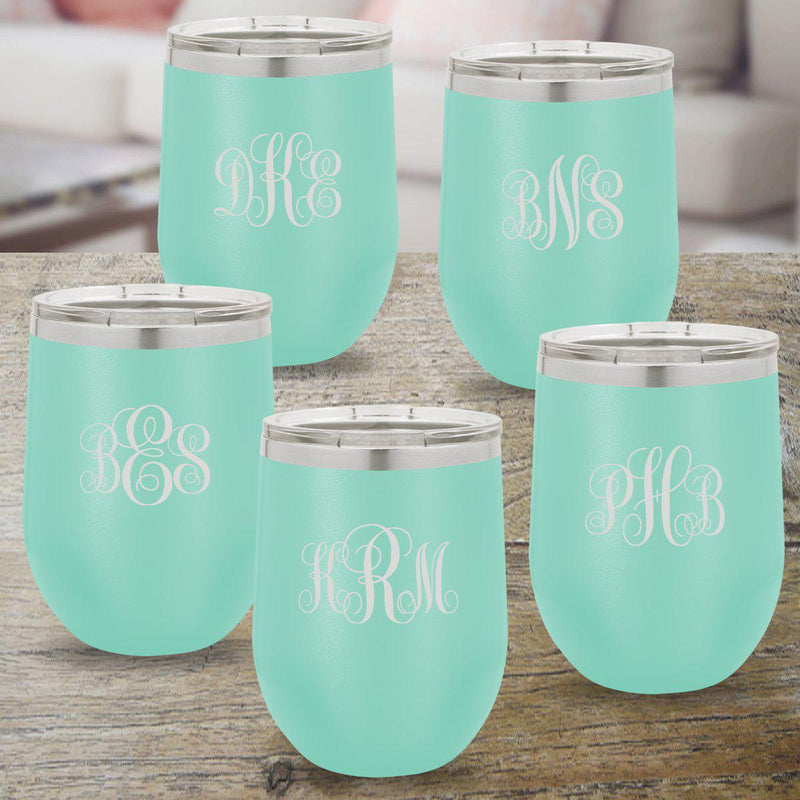 Personalized Bridesmaid Set of 5 - 12 oz. Insulated Wine Tumbler - Teal - InterlockingMonogram - JDS