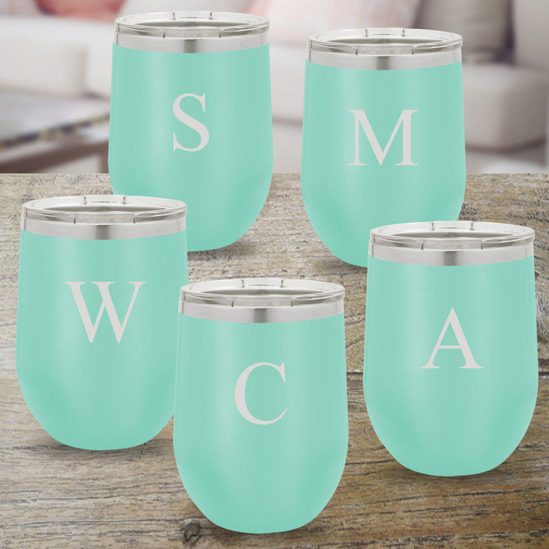 Personalized Bridesmaid Set of 5 - 12 oz. Insulated Wine Tumbler - Teal - SingleInitial - JDS
