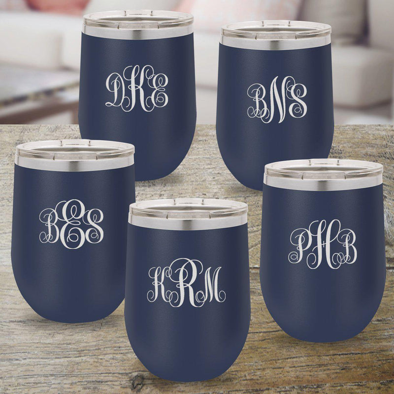Personalized Bridesmaid Set of 5 12 oz. Insulated Wine Tumbler - Navy - InterlockingMonogram - JDS