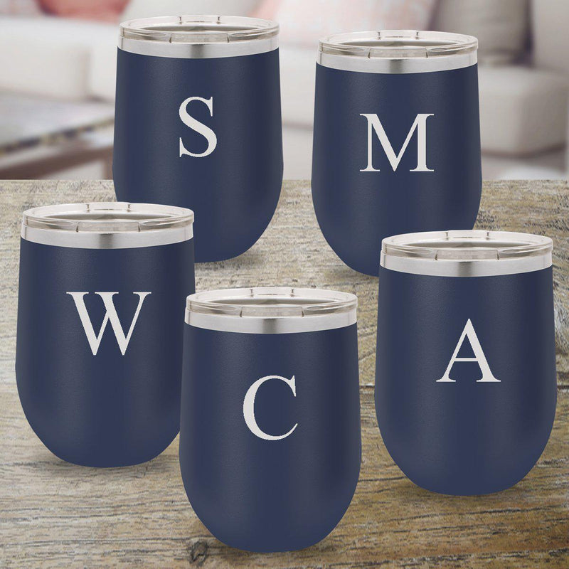 Personalized Bridesmaid Set of 5 12 oz. Insulated Wine Tumbler - Navy - SingleInitial - JDS