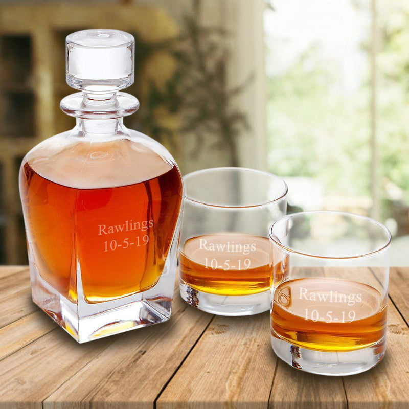 Personalized Antique 24 oz. Whiskey Decanter Gift Set - Stopper & 2 Lowball Glasses - 2Lines - JDS