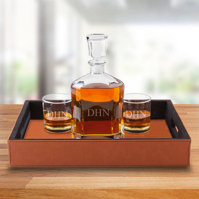 Personalized Decanter Set with Serving Tray & 2 Low Ball Glasses - 3Initials - JDS