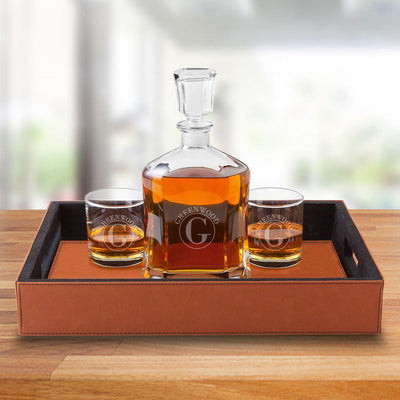 Personalized Decanter Set with Serving Tray & 2 Low Ball Glasses - Circle - JDS
