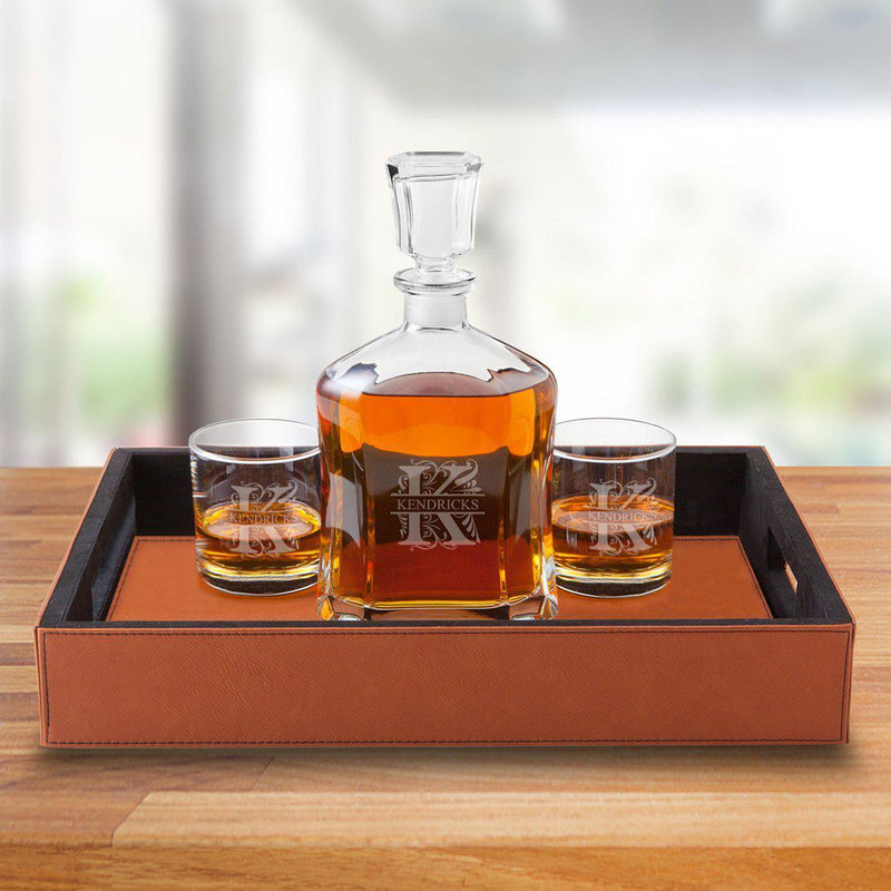 Personalized Decanter Set with Serving Tray & 2 Low Ball Glasses - Filigree - JDS