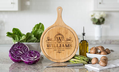 Corporate Gift Item - Large Handled Round Cutting Board with Juice Grooves - Modern Collection