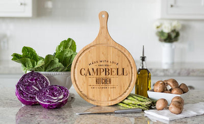 Corporate Gift Item - Large Handled Round Cutting Board with Juice Grooves - Modern Collection