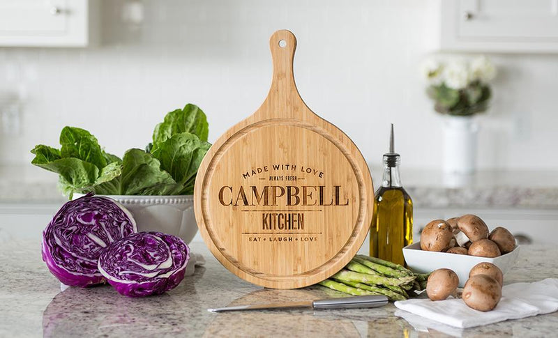 Corporate Gift Item - Large Handled Round Cutting Board with Juice Grooves - Modern Collection