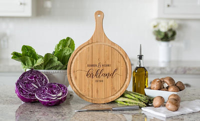 Corporate Gift Item - Large Handled Round Cutting Board with Juice Grooves - Modern Collection