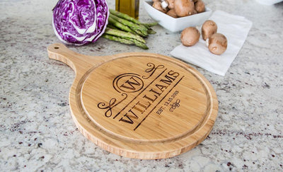 Corporate Gift Item - Large Handled Round Cutting Board with Juice Grooves - Modern Collection