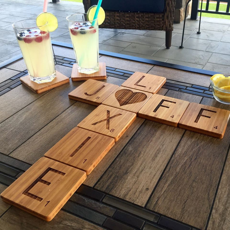 Personalized Thick Bamboo Coasters - Scrabble Letter