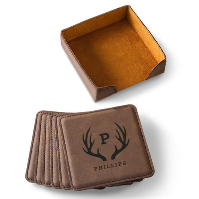 Personalized Brown Square Coaster Set - Antlers - JDS