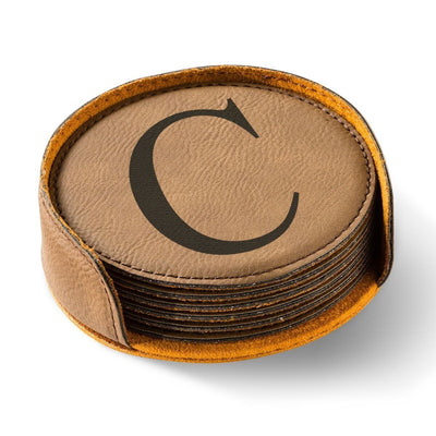 Personalized Round Leatherette Coaster Set - Available in Black, Dark Brown, Light Brown, and Rawhide - DarkBrown - JDS