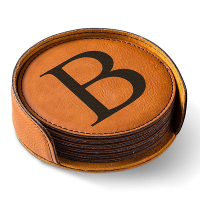 Personalized Round Leatherette Coaster Set - Available in Black, Dark Brown, Light Brown, and Rawhide - Rawhide - JDS