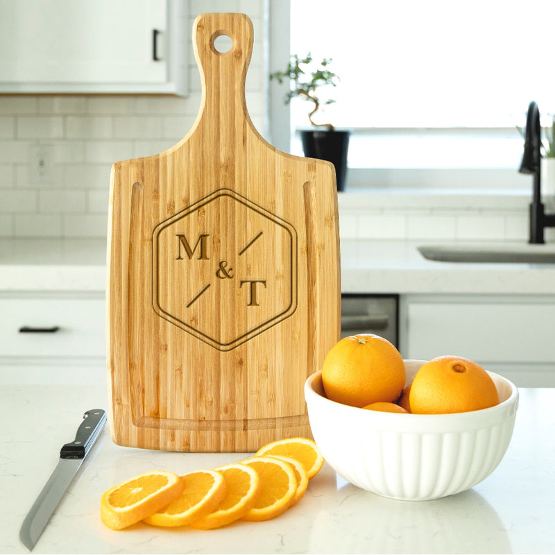Personalized Modern Large Handled Cutting Board with Juice Grooves
