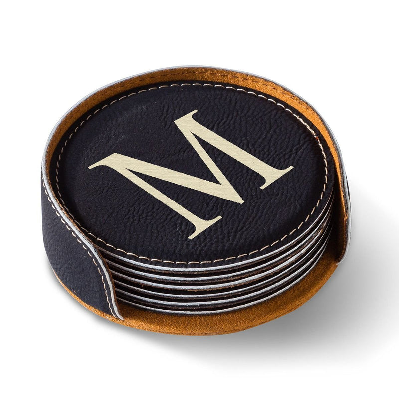 Personalized Round Leatherette Coaster Set - Available in Black, Dark Brown, Light Brown, and Rawhide - Black - JDS