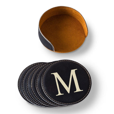Personalized Round Leatherette Coaster Set - Available in Black, Dark Brown, Light Brown, and Rawhide - - JDS