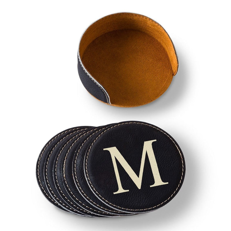 Personalized Round Leatherette Coaster Set - Available in Black, Dark Brown, Light Brown, and Rawhide - - JDS