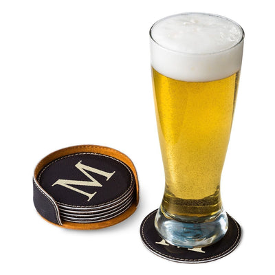 Personalized Round Leatherette Coaster Set - Available in Black, Dark Brown, Light Brown, and Rawhide - - JDS