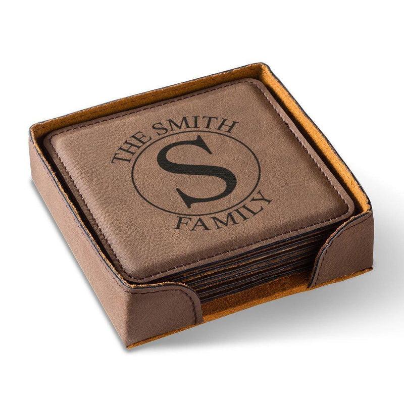 Personalized Brown Square Coaster Set - Circle - JDS