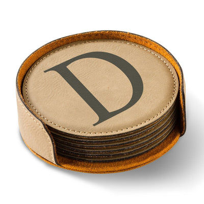 Personalized Round Leatherette Coaster Set - Available in Black, Dark Brown, Light Brown, and Rawhide - LightBrown - JDS