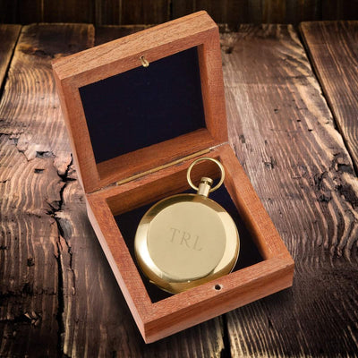 Personalized High Polish Gold Keepsake Compass with Wooden Box - 3LINES - JDS