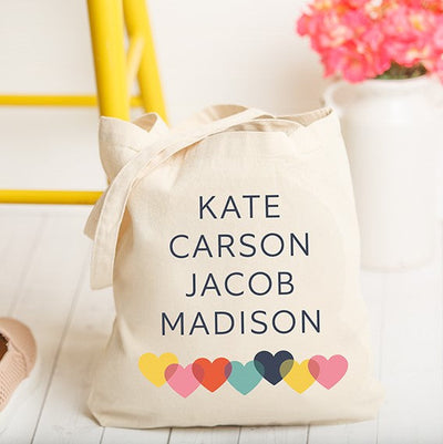 Personalized Family Names Tote Bag with Hearts