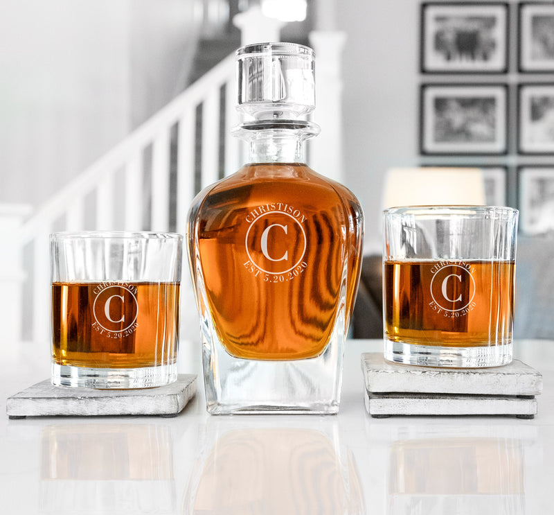Personalized Antique 24 oz. Whiskey Decanter Gift Set - Stopper & 2 Lowball Glasses