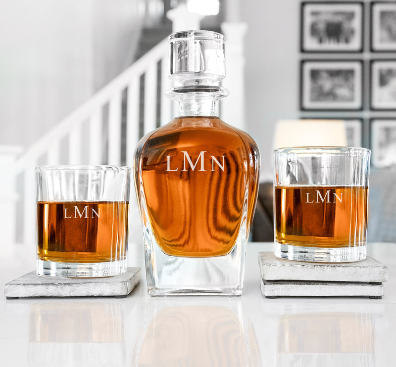 Personalized Antique 24 oz. Whiskey Decanter Gift Set - Stopper & 2 Lowball Glasses