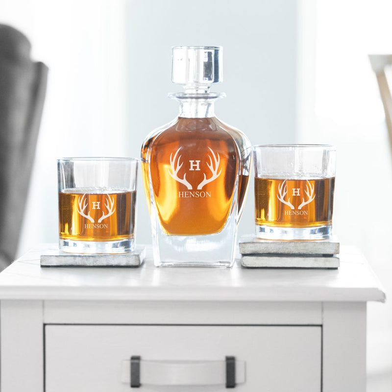 Personalized Antique 24 oz. Whiskey Decanter Gift Set - Stopper & 2 Lowball Glasses