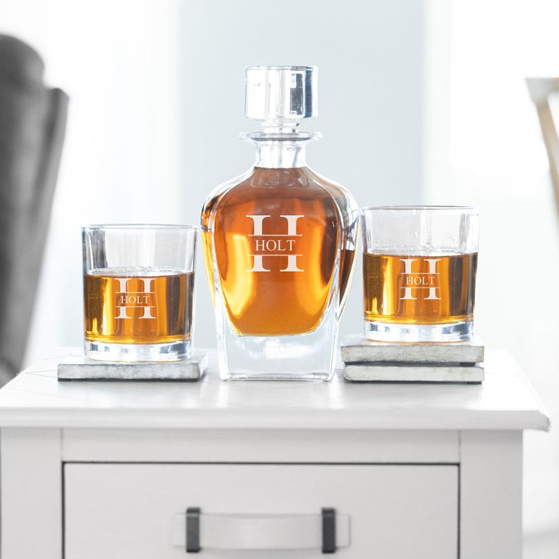 Personalized Antique 24 oz. Whiskey Decanter Gift Set - Stopper & 2 Lowball Glasses