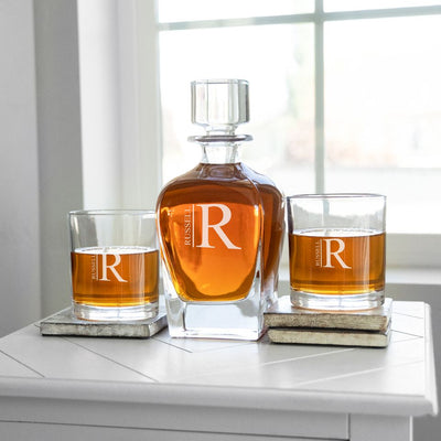 Personalized Antique 24 oz. Whiskey Decanter Gift Set - Stopper & 2 Lowball Glasses