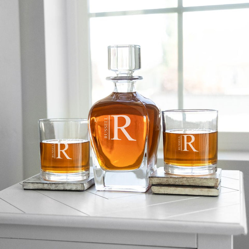 Personalized Antique 24 oz. Whiskey Decanter Gift Set - Stopper & 2 Lowball Glasses