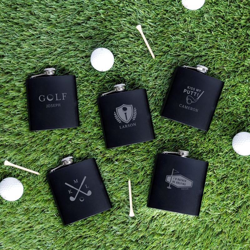 Personalized Black Matte Golf Flask - Set of 5