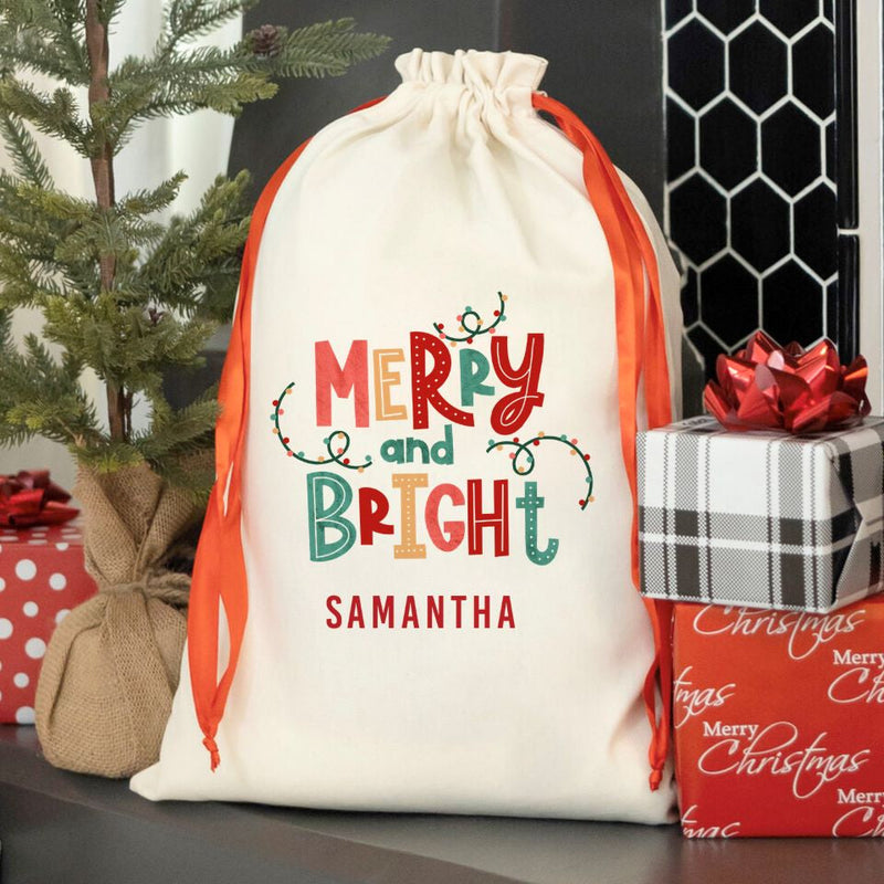 Personalized Merry and Bright Christmas Drawstring Santa Gift Bags