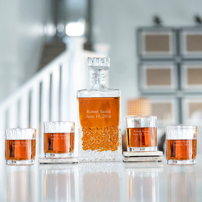 Personalized Kinsale Rectangular 24 oz. Whiskey Decanter Set with 4 Lowball Glasses