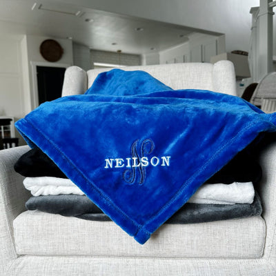 Personalized Embroidered Minky Touch Blankets - Royal Blue / Neilson - Qualtry