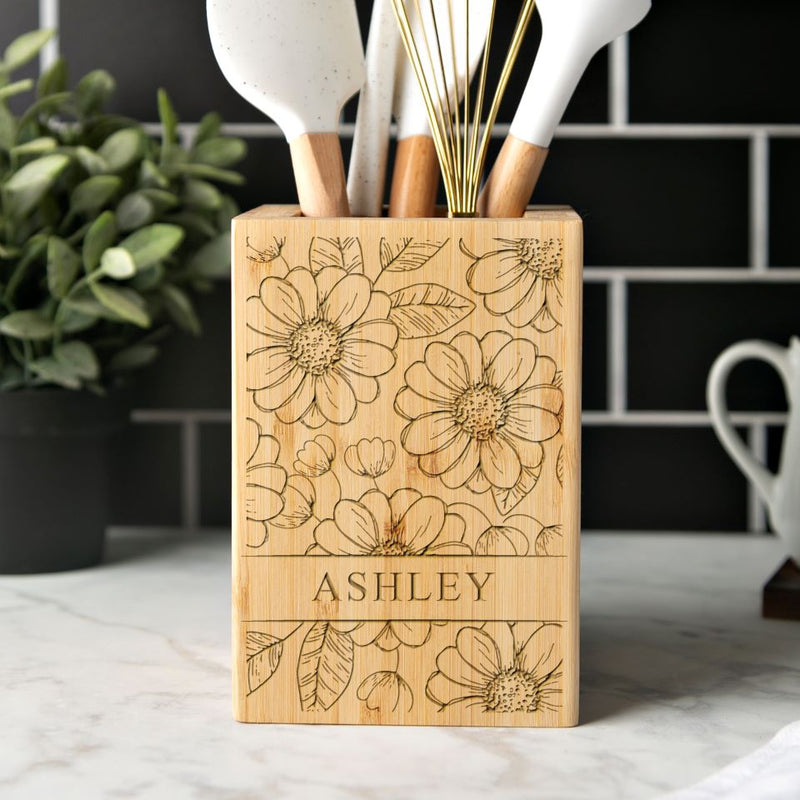 Personalized Bamboo Kitchen Utensil Holder - Floral Designs