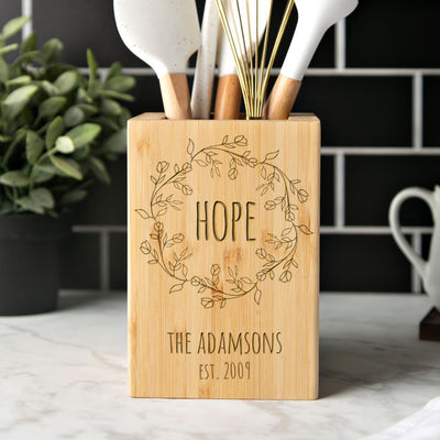 Personalized Bamboo Kitchen Utensil Holder - Floral Designs