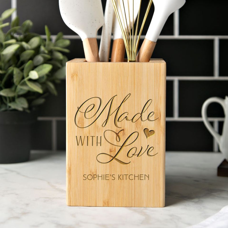 Personalized Bamboo Kitchen Utensil Holder - Floral Designs