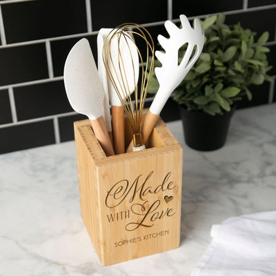 Personalized Bamboo Kitchen Utensil Holder - Floral Designs