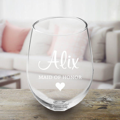 Personalized Bridal Party Stemless Wine Glass - MaidofHonor - JDS