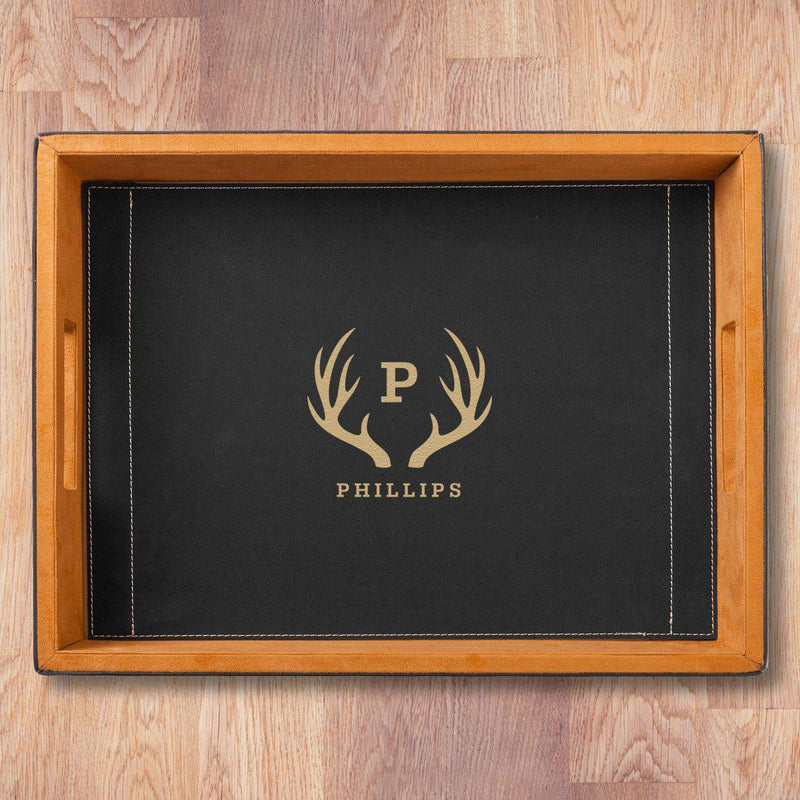 Personalized Black Leatherette Serving Tray - Antlers - JDS