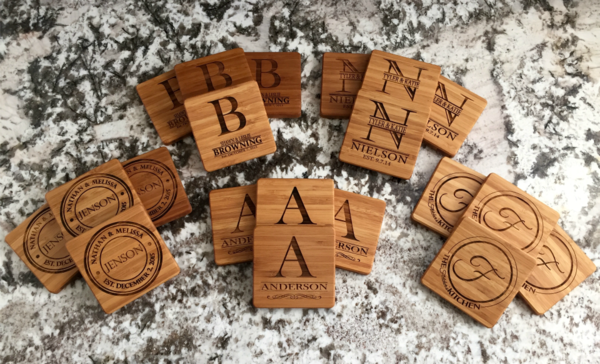 Personalized Thick Bamboo Coasters – Set of 4! – 5 Amazing Designs!
